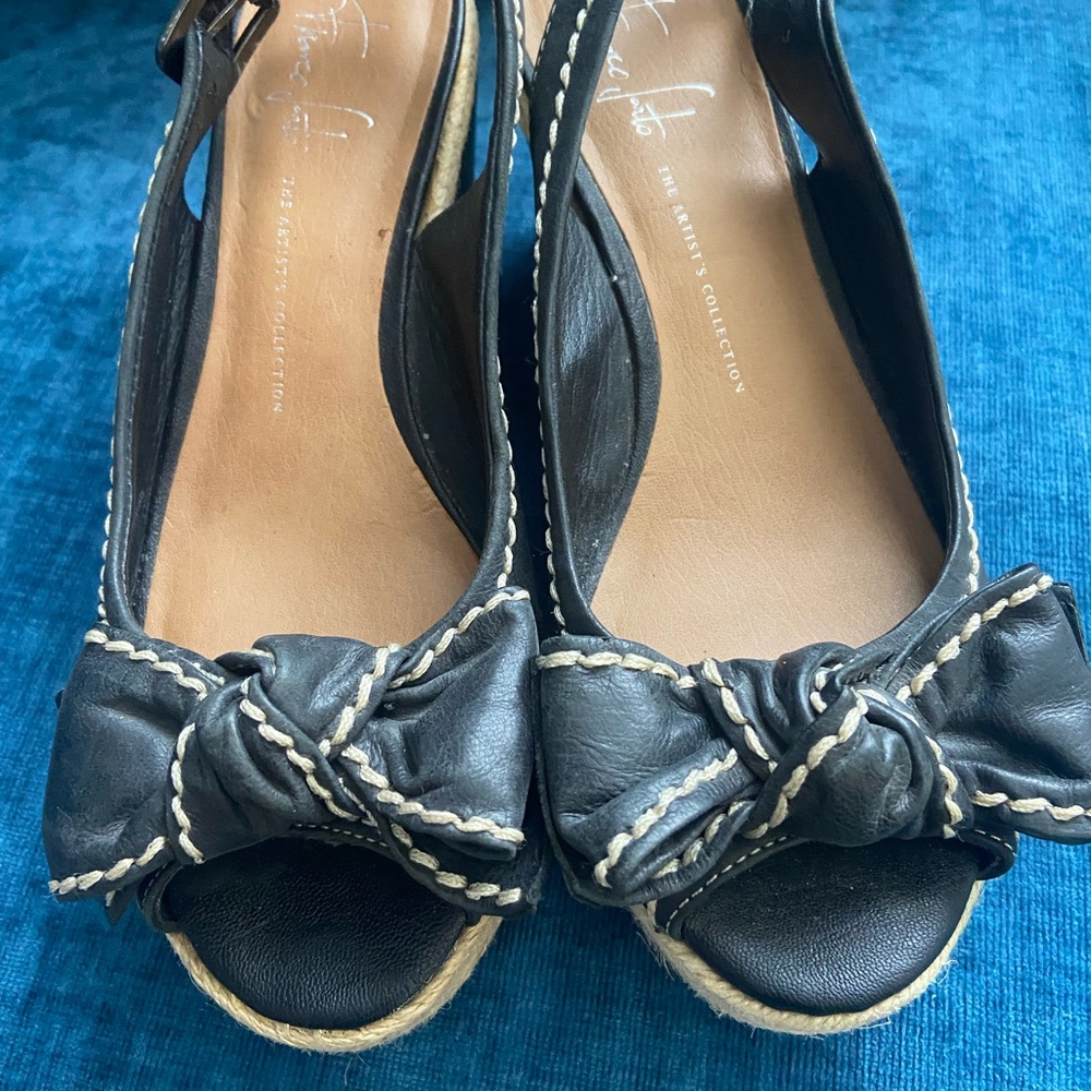 Franco Sarto Women's Clemens Black Bow Espadrille  Leather Wedge Sandals, Sz 6M